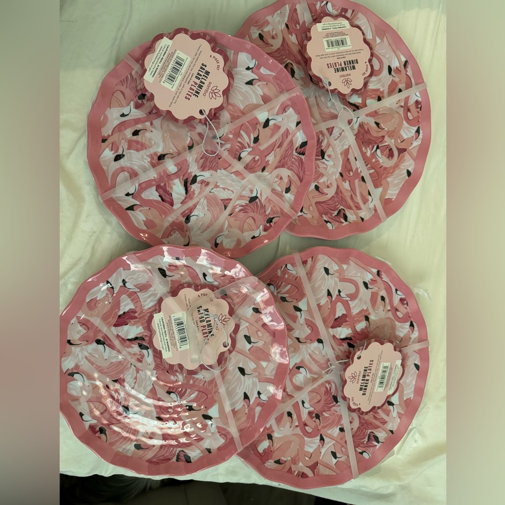Samba Melamine Pink Flamingo Scalloped Serve for 8 Dinner & Salad Plates NWT